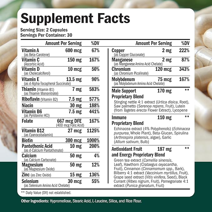 Multivitamin for Men - Daily Mens Multivitamins & Multiminerals with Vitamin A, C, D, E, B12, Zinc & More Essential Vitamins for Men - Mens Vitamins for Energy, Focus, and Mens Health. 60 Capsules