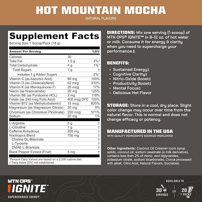 MTN OPS Hot Ignite Coffee Alternative | Mountain Mocha Flavor | Instant Coffee Nootropic & L-Arginine L-Citrulline Blend for Cognitive Clarity, & Focus | 200mg Caffeine | 30 Servings