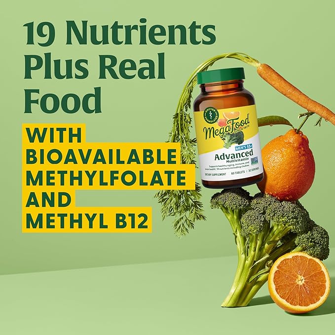 MegaFood Men's 55+ Advanced Multivitamin for Men - Doctor-Formulated -Choline, Vitamin D, Vitamin B12 – Plus Real Food – Brain Health Supplement for Adults & Immune Support - 60 Tabs (30 Servings)