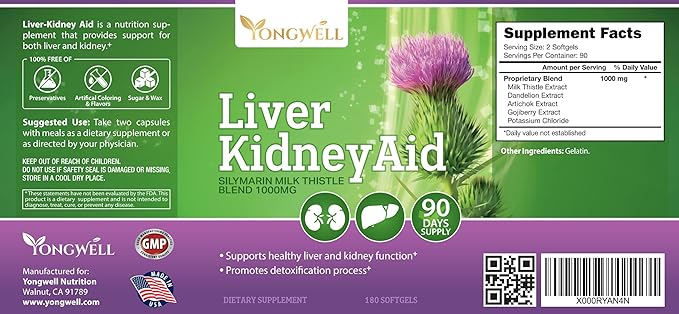 Liver Kidney Aid, Herbal Based Ingredients Supports Liver and Kidney Health, 90 Days Supply (180 Softgels)