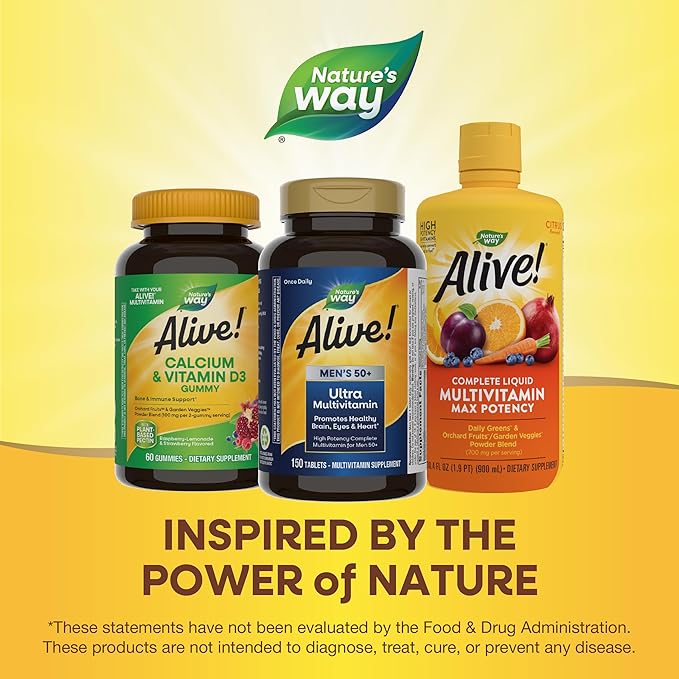 Nature's Way Alive! Men’s 50+ Daily Ultra Multivitamin, High Potency Formula, Supports Healthy Brain, Eyes & Heart*, with Methlyated B12, Gluten-Free, 150 Tablets (Packaging May Vary)