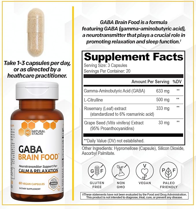 NATURAL STACKS GABA Supplement - L-Citrulline & Grape Seed Extract - Deep Relaxation and Calm - Night Time Aid - Promotes Healthy Production of GABA (Gamma-Aminobutyric Acid) - 120 Capsules