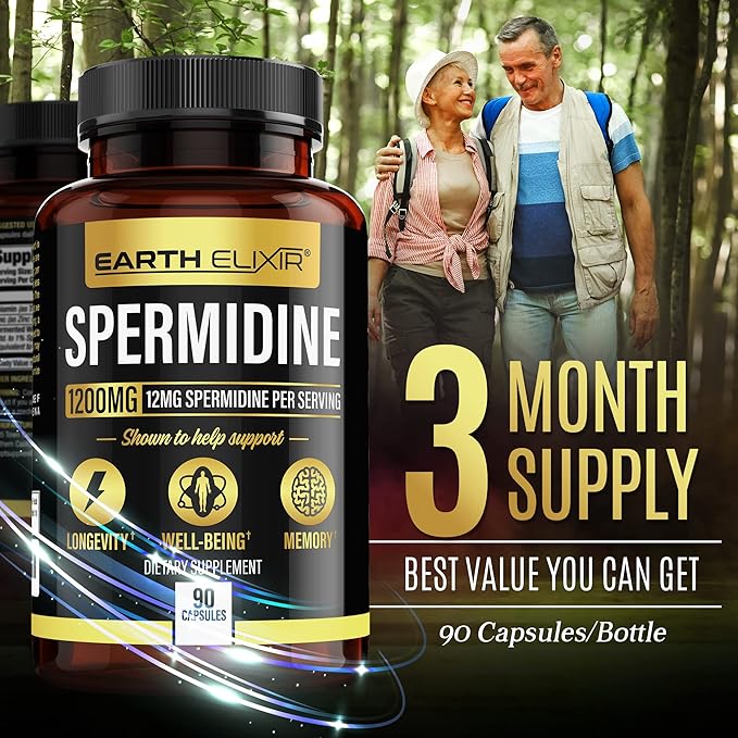 Spermidine Supplements 1200mg (90 Capsules) – Anti Aging - 3rd Party Tested (12mg Spermidine Powder) Max Purity - 100% Pure Espermidina- Fermented Wheat Germ Extract - NMN Alternative