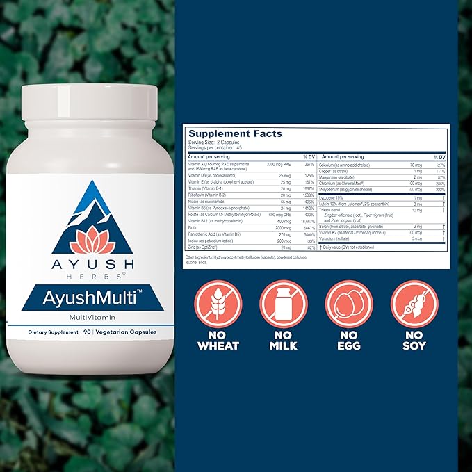Ayush Herbs Multi, All-Natural High Antioxidant Multivitamin for Women and Men, Active B Vitamin and Chelated Mineral Supplements, Daily Vitamins for Adults, 90 Vegetarian Capsules