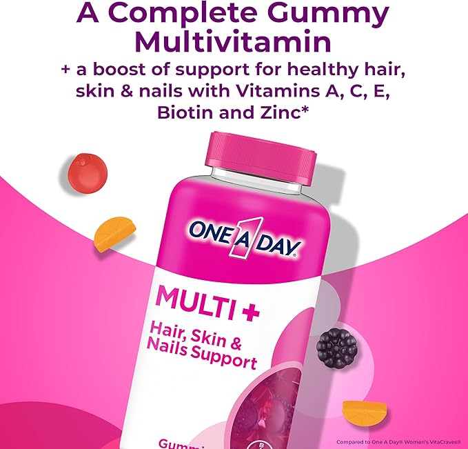 ONE A DAY Multi+ Hair, Skin & Nails, Multivitamin + Boost of Support for Healthy Hair, Skin & Nails with Biotin and Vitamins A, C, E & Zinc ,Gummy 120 Count (2 Month Supply)