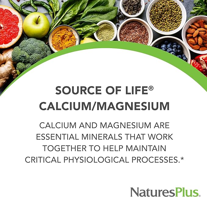 NaturesPlus Cal/Mag - 500 mg Calcium, 250 mg Magnesium, 180 Vegetarian Capsules - Gluten-Free - 90 Servings