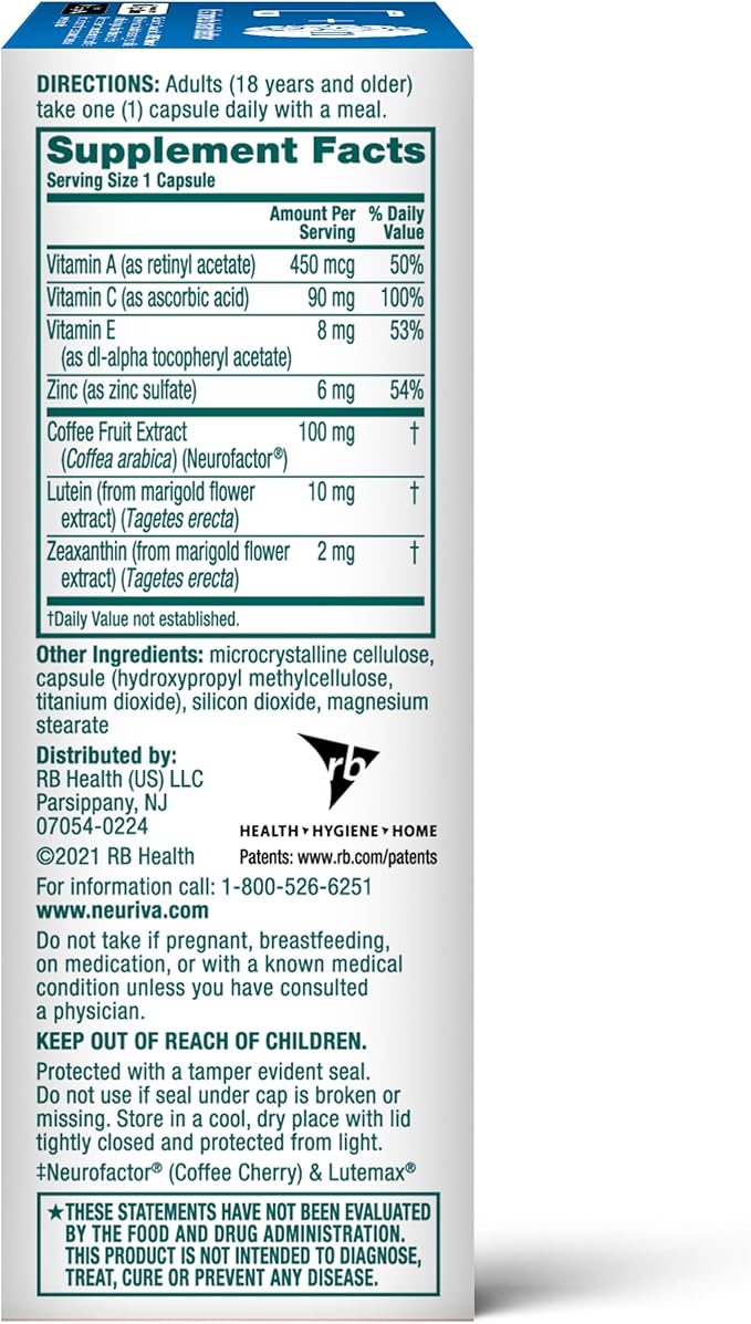 NEURIVA Brain + Eye Supplement for Memory, Focus & Concentration with Lutein & Vitamins A C E and Zinc for Eye Health & Zeaxanthin to Filter Blue Light, 30ct Capsules