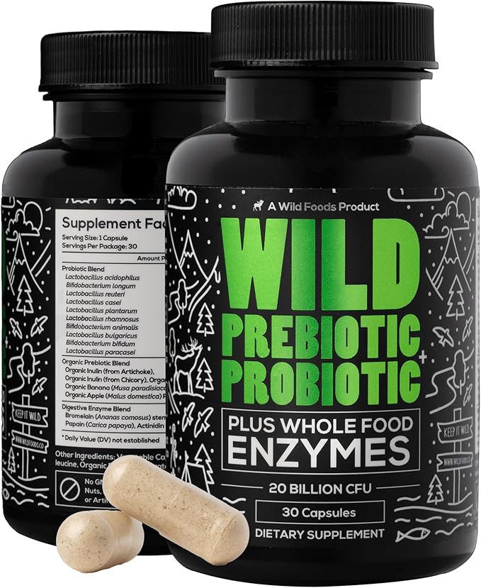 Wild Prebiotics and Probiotics with Digestive Enzymes | 20 Billion CFU - 10 Strains for Women & Men | Support Gut Health & Digestion Supplements | Non-GMO Prebiotic Fiber | 30 Count (Pack of 2)