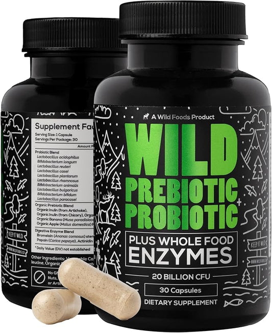Wild Prebiotics and Probiotics with Digestive Enzymes | 20 Billion CFU - 10 Strains for Women & Men | Support Gut Health & Digestion Supplements | Non-GMO Prebiotic Fiber | 30 Count (Pack of 2)