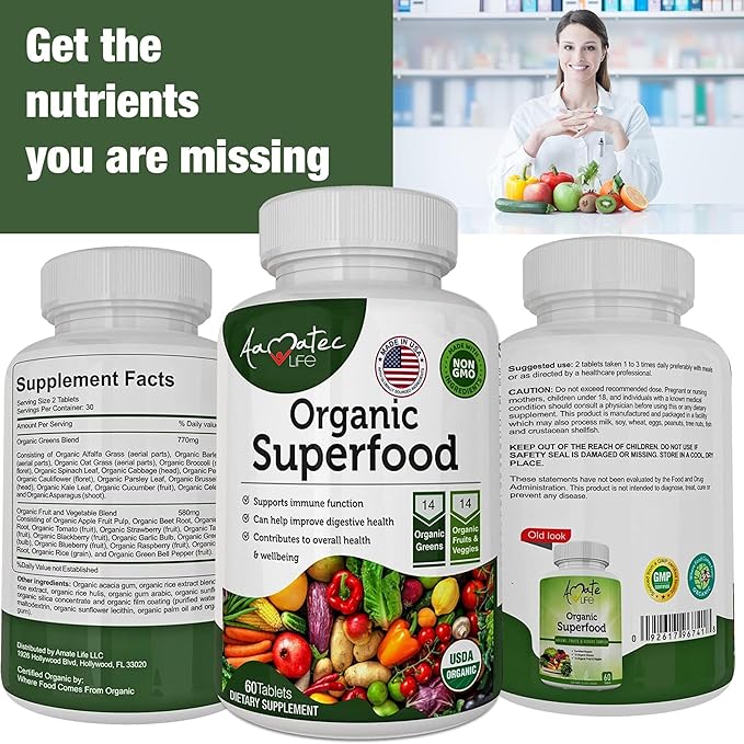 Organic Superfood Greens Fruits and Veggies Complex - Best Dietary Supplement with 14 Greens and 14 Fruits & Vegetables with Alfalfa Rich in Antioxidants Organic Ingredients Non-GMO 240 Tablets
