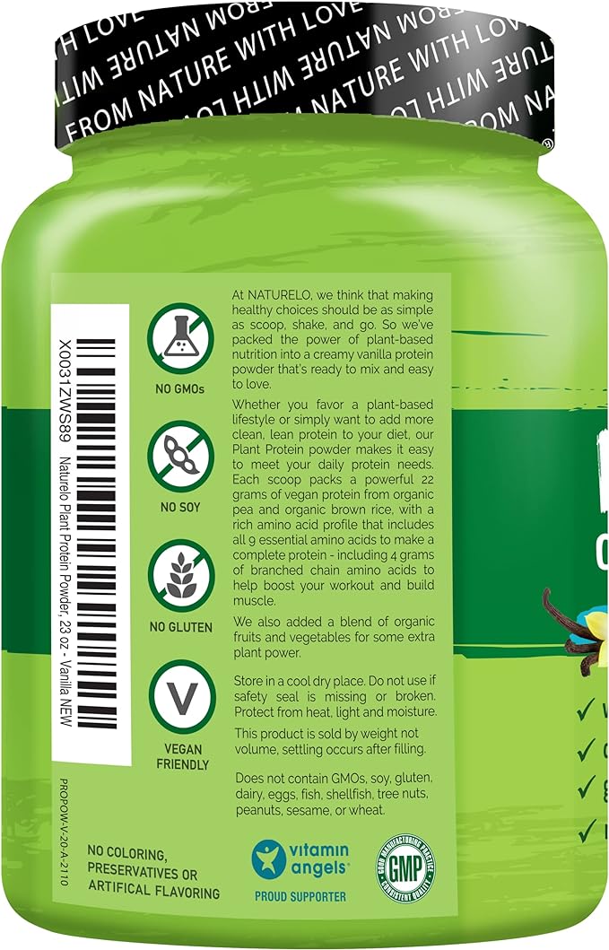 NATURELO Plant Protein Powder, Vanilla, 22g Protein - Non-GMO, Vegan, No Gluten, Dairy, or Soy - No Artificial Flavors, Synthetic Coloring, Preservatives, or Additives - 20 Servings