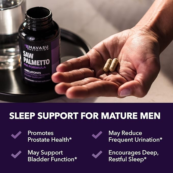 Night Time Saw Palmetto for Men - Saw Palmetto With Melatonin 3 mg and Chamomile Extract - Sleep & Prostate Supplement - Reduce Urinary Frequency for Men & Support Bladder in PM - Over 3 Month Supply
