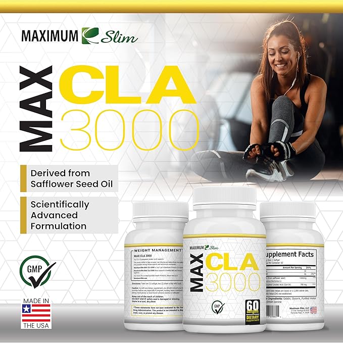 Maximum Slim MAX CLA 3000, High Potency, Natural Weight Loss Exercise Enhancement, Increase Lean Muscle Mass, Non-Stimulating, Non-GMO 95% Pure CLA, 90 Count