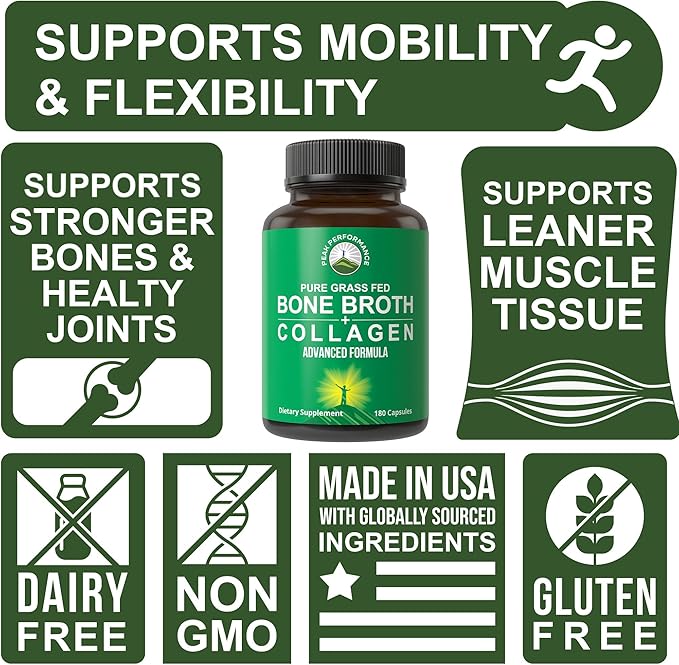 Bone Broth Collagen Capsules. 180 Pills of Grass Fed Bone Broth Collagen Protein Peptides. Contains All 3 Collagen Types 1, 2, and 3. Pure Pasture Raised Paleo Friendly Tablets for Women and Men
