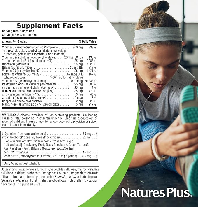 Natures Plus Hema-Plex Iron - 60 Slow-Release Mini-Tabs - 85 mg Chelated Iron - Total Blood Health - with Vitamin C & Bioflavonoids - Vegan, Gluten Free - 30 Servings
