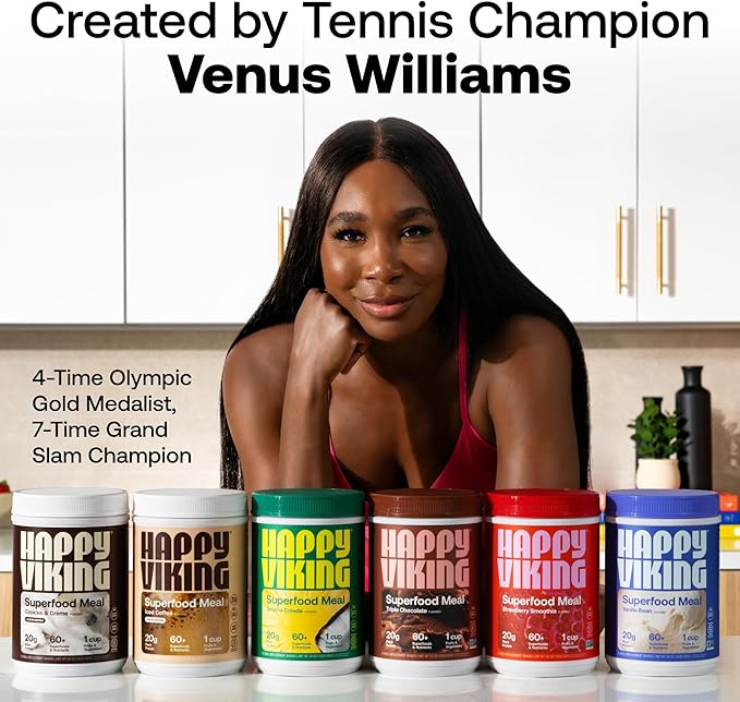 Happy Viking Greeña Colada Plant Protein Powder, Created by Venus Williams, 20G Protein, Low Carb, Keto, Vegan, Gluten-Free, Non-GMO, Superfoods, Complete Meal Replacement, 1 Canister (24 oz.)