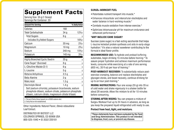 Biotest Surge Intra Performance Booster - Beta-Alanine, L-Leucine, Citrulline Malate, Betaine, Cluster Dextrin (HBCD), Electrolytes (20 Servings, Berry) 2.43lb