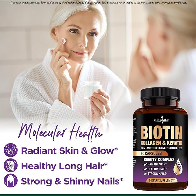 NEW AGE Biotin Collagen Keratin Hyaluronic Acid - 50,000mcg Hair Growth Vitamins for Men and Women, Nails, Hair, Skin Vitamins and DHT Blocker with Vitamin E Folic Acid Pumpkin Seed MSM- 180 Count