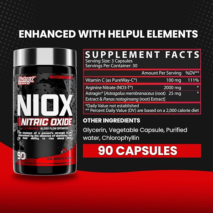 Nutrex Research NIOX Extreme Pumps NO3-T Arginine Nitrate Supplement with Vitamin C and AstraGin - Pre-Workout Booster for Muscle Pump, Vascularity, and Endurance - 90 Capsules