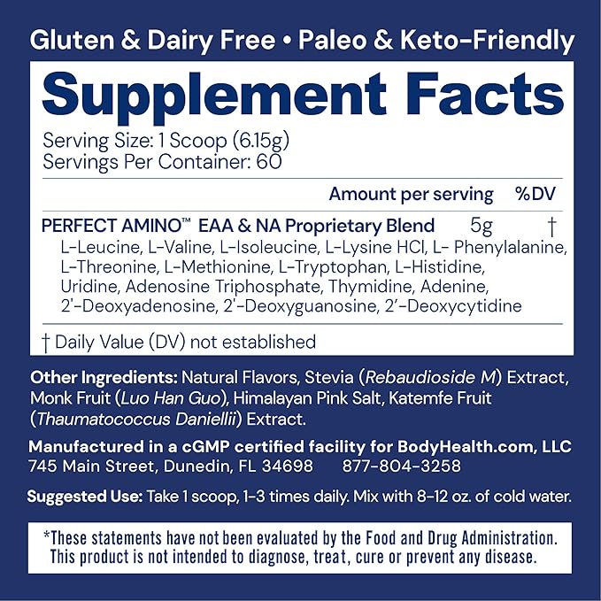 BodyHealth PerfectAmino Powder - BCAA and EAA Powder for Pre and Post Workout - Amino Acid Energy Drink Powder for Men and Women to Support Lean Muscle and Recovery - Chocolate - 60 Servings
