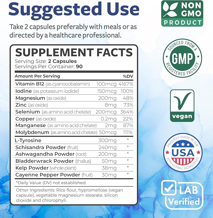 Thyroid Support with Iodine - 180 Capsules (Non-GMO) Improve Your Energy - Ashwagandha Root, Zinc, Selenium, Vitamin B12 Complex - Thyroid Health Supplement for Women and for Men - 90 Day Supply…