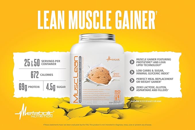 Metabolic Nutrition - Musclean - Milkshake, Whey High Protein Meal Replacement, Maintenance Nutrition, Low Carb, Keto Diet, Digestive Enzymes, Peanut Butter, 5 Pound (50 ser)