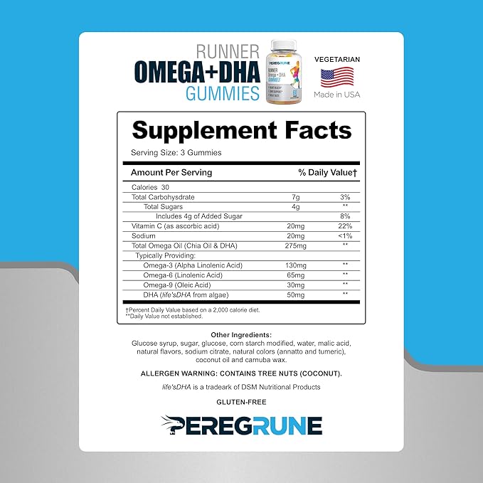 Runner Omega 3, 6, and 9 Gummies Plus DHA - Daily Running Supplements – 50% Less Sugar – Heart & Joint Health Gummy for Athletes – GMP Certified
