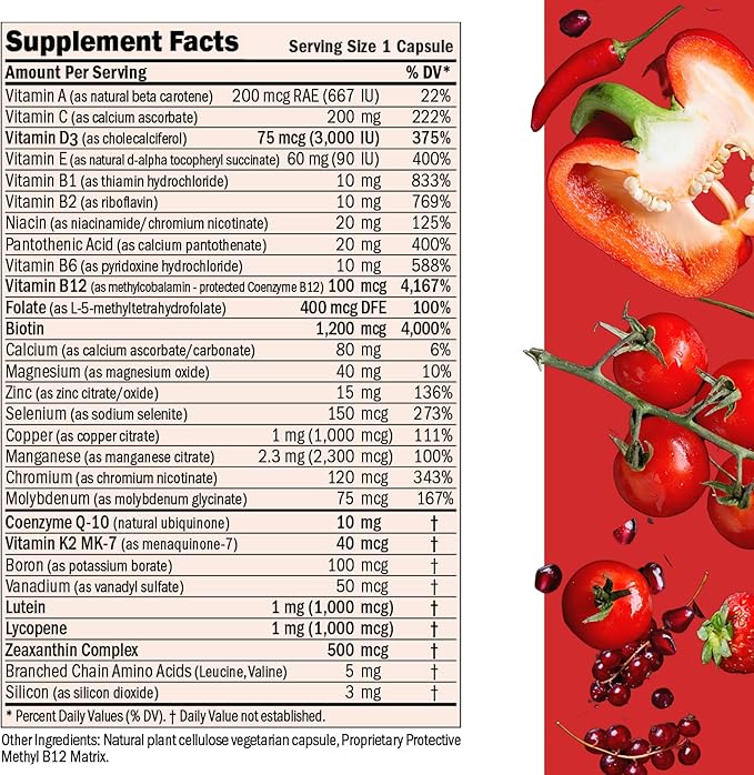 ANDREW LESSMAN Essential-1 Multivitamin 3000 IU Vitamin D3 180 Small Capsules – 100 mcg Methyl B12. CoQ10 Lutein Lycopene Zeaxanthin. High Potency. No Additives. Gentle Ultra-Mild. One Daily Capsule