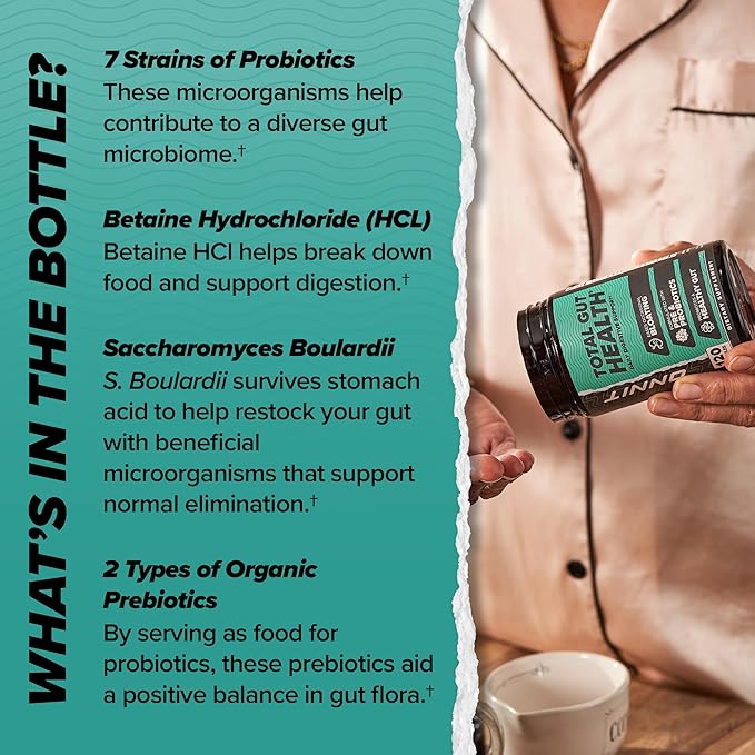 ONNIT Total Gut Health - Complete Daily Probiotics & Digestive Enzyme Supplement for Women & Men - 5 Strains of Probiotics, Prebiotics, Enzymes, Betaine HCL - Capsules - (120ct)