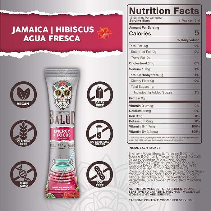 Salud 2-in-1 Energy Drink Powder + Focus, Hibiscus, Organic Caffeine, B6 + B12, Theanine, Clean Energy Drink Packets, Jamaica Agua Fresca Mix, Non-GMO, Gluten Free, Vegan, 1g of Sugar, (15 Servings)
