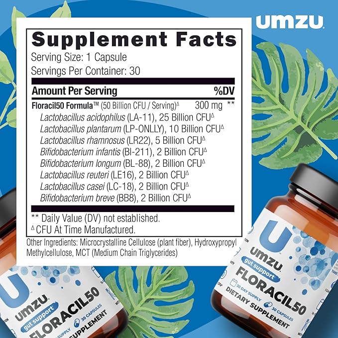 UMZU Floracil50 Prebiotics and Probiotics Supplement for Gut Health | 50 Billion CFU with 8 Strains of Bacteria to Support Digestion, Immunity & Energy (30 Day Supply | 30 Capsules)