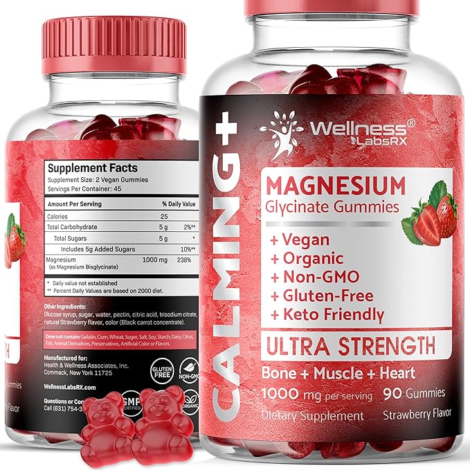 Magnesium Glycinate Gummies - 1000 mg - Magnesium Supplement to Support Relaxation, Heart Health - Chewable Calm Magnesium Gummies for Adults, Glicinato De Magnesio - Strawberry Flavor