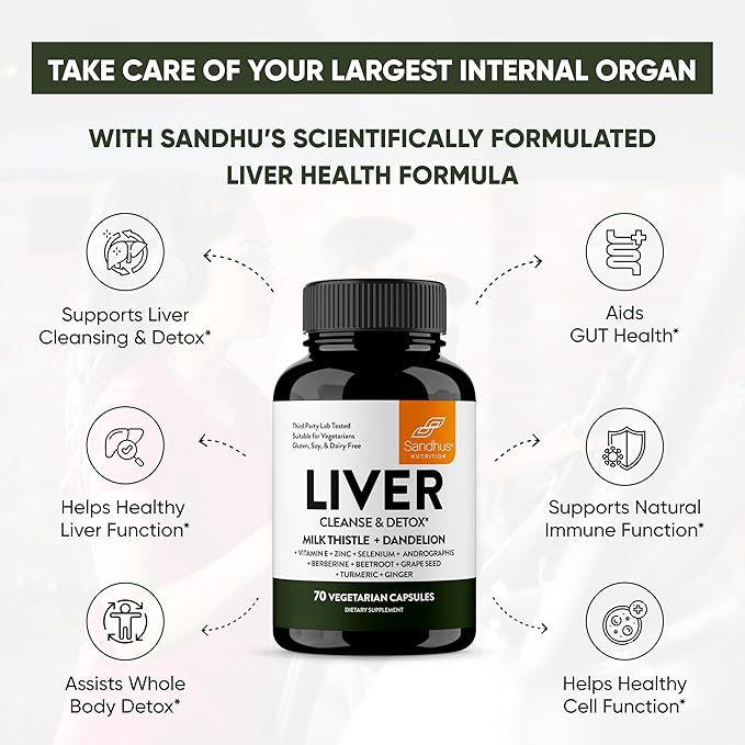 Sandhu's Liver Renew Support, Repair & Support |70 Capsules| 1 Month+ Supply (Pack of 1)| Herbal Supplement for Liver Health| Milk Thistle Dandelion Root with 9 Minerals