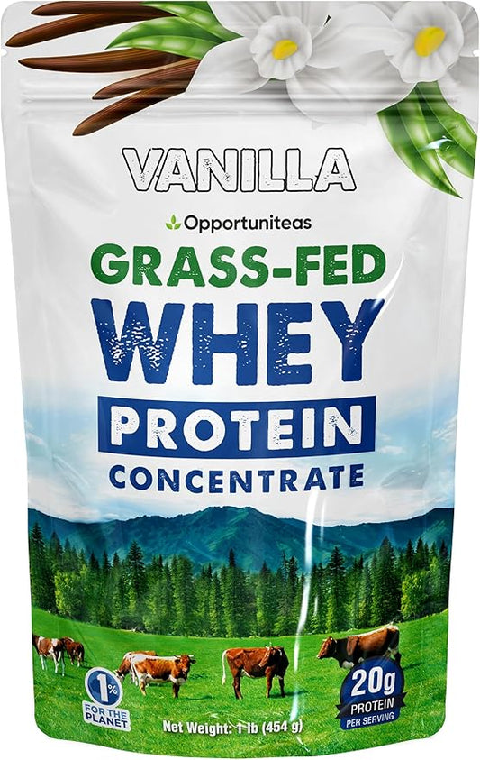 Opportuniteas Grass Fed Whey Protein Powder Concentrate - Vanilla - Pure Protein Supplement - Non GMO, Hormone Free & Gluten Free - 1lb