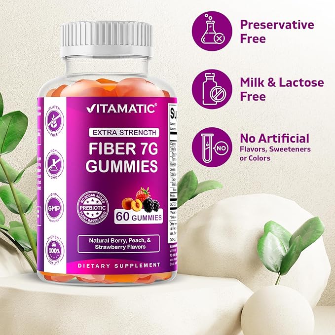 Vitamatic Prebiotic Fiber Gummies for Adults - 7G Fiber Extra Strength - Zero Sugar Added - 60 Pectin Based Gummies - Digestive Health & Regularity Support
