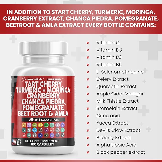 Clean Nutraceuticals Tart Cherry Extract Capsules with Turmeric Moringa Cranberry Chanca Piedra Celery Quercetin ACV Pomegranate L Selenomethionine - Uric Levels - 120 Ct