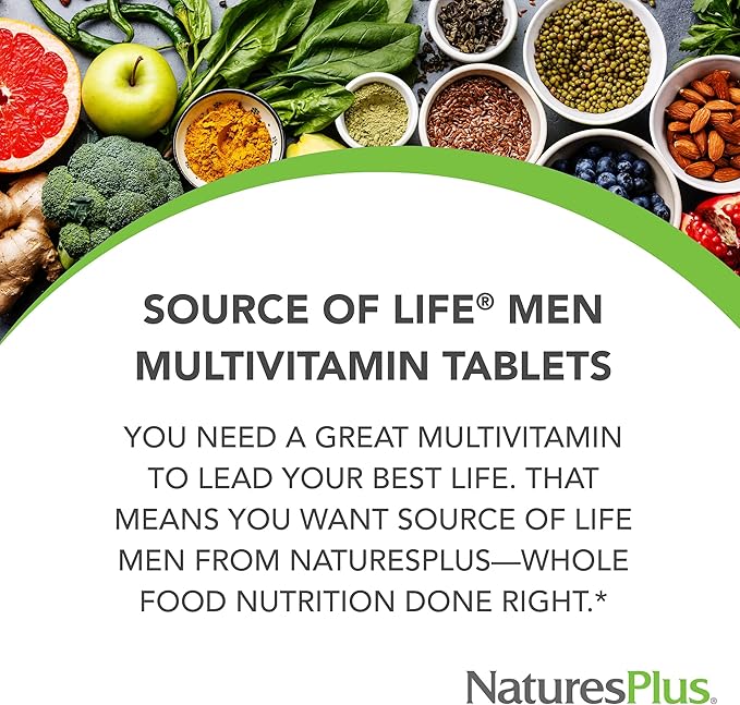 Natures Plus Source of Life Men Multivitamin - 60 Vegetarian Tablets - Whole Food Supplement - Natural Energy Production & Overall Wellbeing for Men - Gluten-Free - 30 Servings