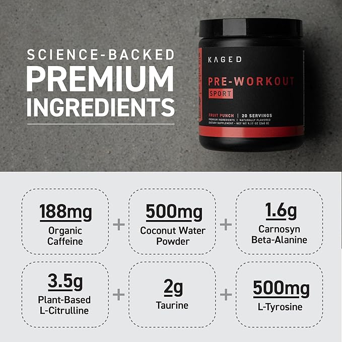 Kaged Pre-Kaged Sport Pre Workout Powder | Fruit Punch | Energy Supplement for Endurance | Cardio, Weightlifting Sports Drink | 20 Servings