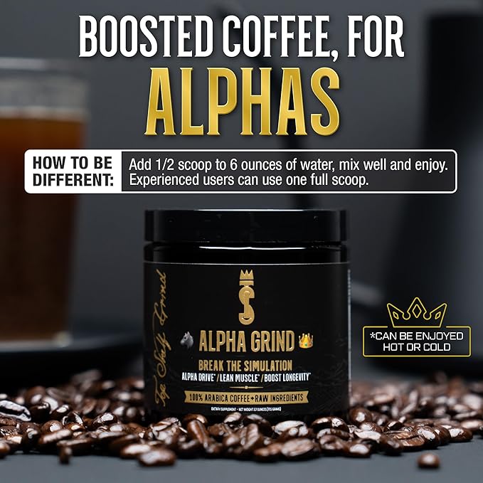 Alpha Grind – Instant Maca Coffee for Men + Natural Energy + Brain Nootropic for Ageless Clarity, Focus | Lean Muscle Building Growth & Size, 30SV