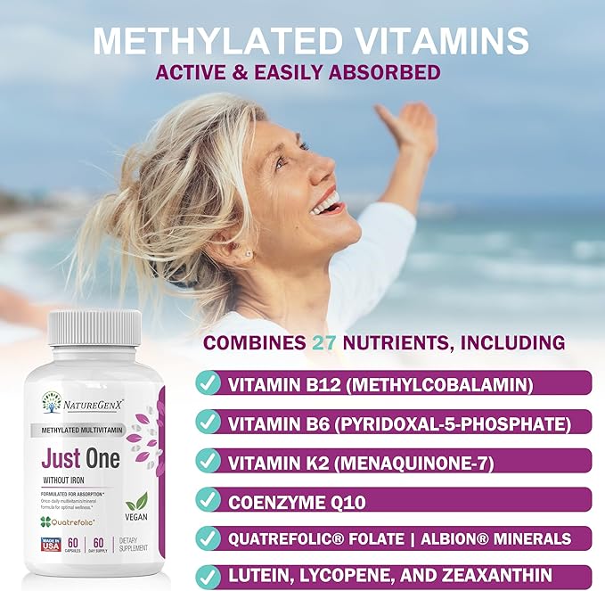 Just One Daily Methylated Multivitamin - 60 Caps Pure Methyl B12, Methylfolate MTHFR Support Supplement Iron Free Methylated Vitamins for Men & Women 2 Months Supply Gluten Free
