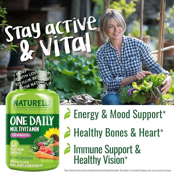 NATURELO One Daily Multivitamin for Women 50+ (Iron Free) - Menopause Support for Women Over 50 - Whole Food Supplement - Non-GMO - No Soy - 60 Capsules - 2 Month Supply