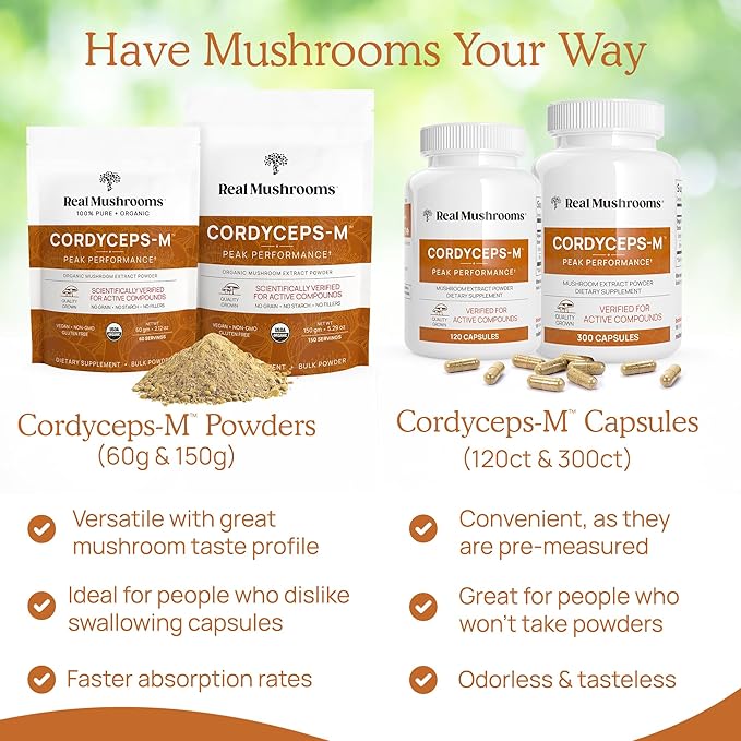Real Mushrooms Cordyceps Capsules - Performance Mushroom Extract Supplement with Organic Militaris for Energy & Immune Support Vegan Supplement, Non-GMO, 120 Caps