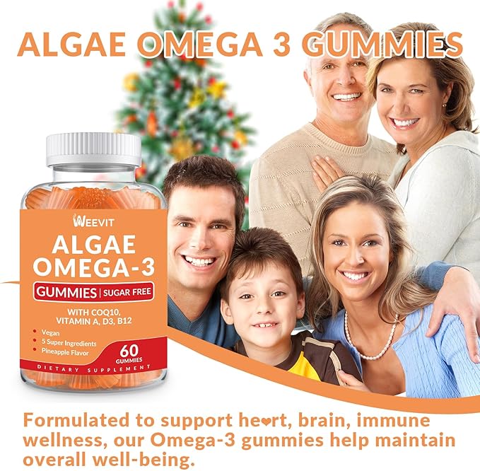 Sugar Free Omega 3 Gummies, Algae Omega 3 Supplement for Adults,Omega 3 DHA 240mg, EPA 110mg w/Vitamin B12,CoQ10