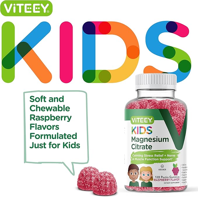 Kids Magnesium Citrate Gummies - Supports Sleep Aid, Calm Gummies, Muscle Relaxer, Optimal Relaxation - Vegetarian, Gelatin Free, Gluten Free, GMO Free - Tasty Chewable Raspberry Flavored Gummy