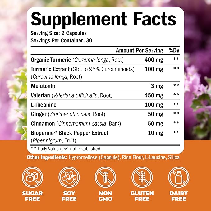 Turmeric, Melatonin & Valerian Root Sleep Aid Supplement. Natural Sleep Aid for Adults with L-Theanine, Ginger & Black Pepper Extract. Melatonin 3mg, Valerian Root Capsules. Relaxation & Sleep Support