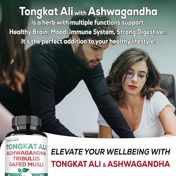 Satoomi Tongkat Ali Root Extract 200:1-9 Essential Herbs with Ashwagandha, Tribulus Terrestris & More - Support Strength, Energy and Healthy Immune - 60 Vegan Caps 2 Month Supply