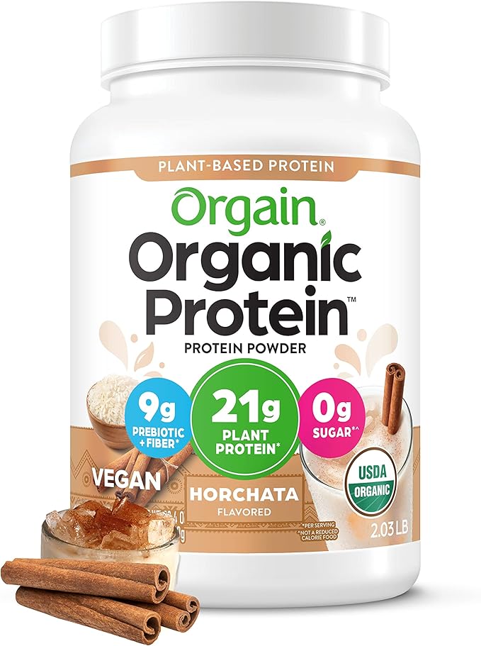 Orgain Organic Vegan Protein Powder, Horchata - 21g Plant Based Protein, 9g Prebiotic Fiber, Low Net Carb, No Lactose Ingredients, No Added Sugar, Non-GMO, For Shakes & Smoothies, 2.03 lb