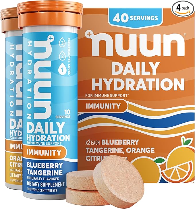 Nuun Hydration Immunity Electrolyte Tablets With 200mg Vitamin C, Blueberry Tangerine + Orange Citrus Flavors, 5 Essential Electrolytes for Hydration, Vegan, Non-GMO, 4 Pack (40 Servings)