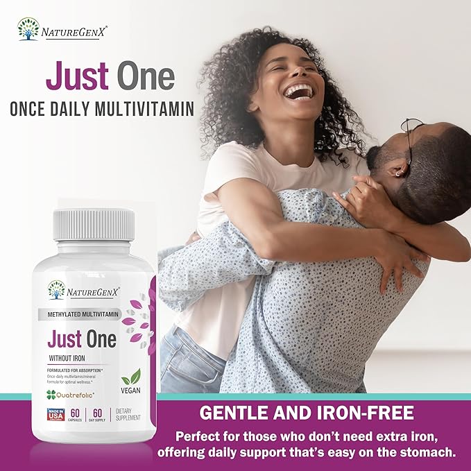 Just One Daily Methylated Multivitamin with Methyl B12, Quatrefolic Methylfolate, Pure MTHFR Supplement for Men and Women Without Iron, 2 Bottles (60 Vegan Capsules), USA-Made