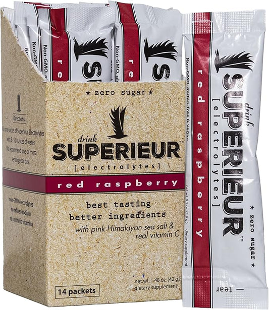 Superieur Electrolyte Powder Packets - Vegan Electrolyte Hydration Powder w/Sea Minerals - Keto Friendly, Non-GMO, Zero Sugar Electrolyte Supplement - Healthy Sports Drink - Raspberry (14 Packets)